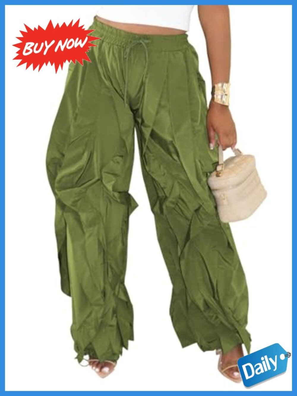 Famnbro Women Baggy Barrel Sweatpants Drawstring Ruffle Fringe Wide Leg Joggers